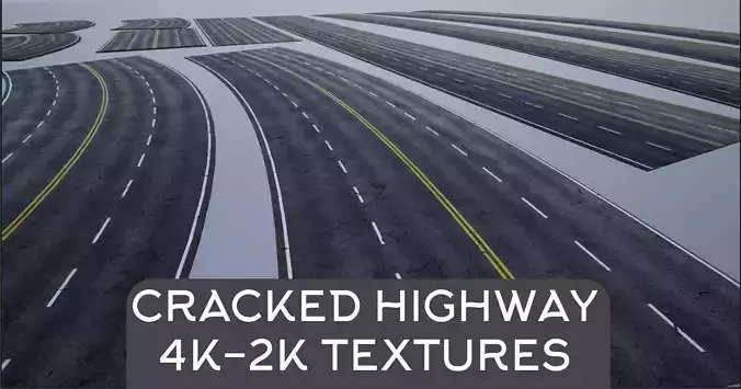 Modular Cracked 4-Lane Highway Roads 4K-2K Low-poly 3D model