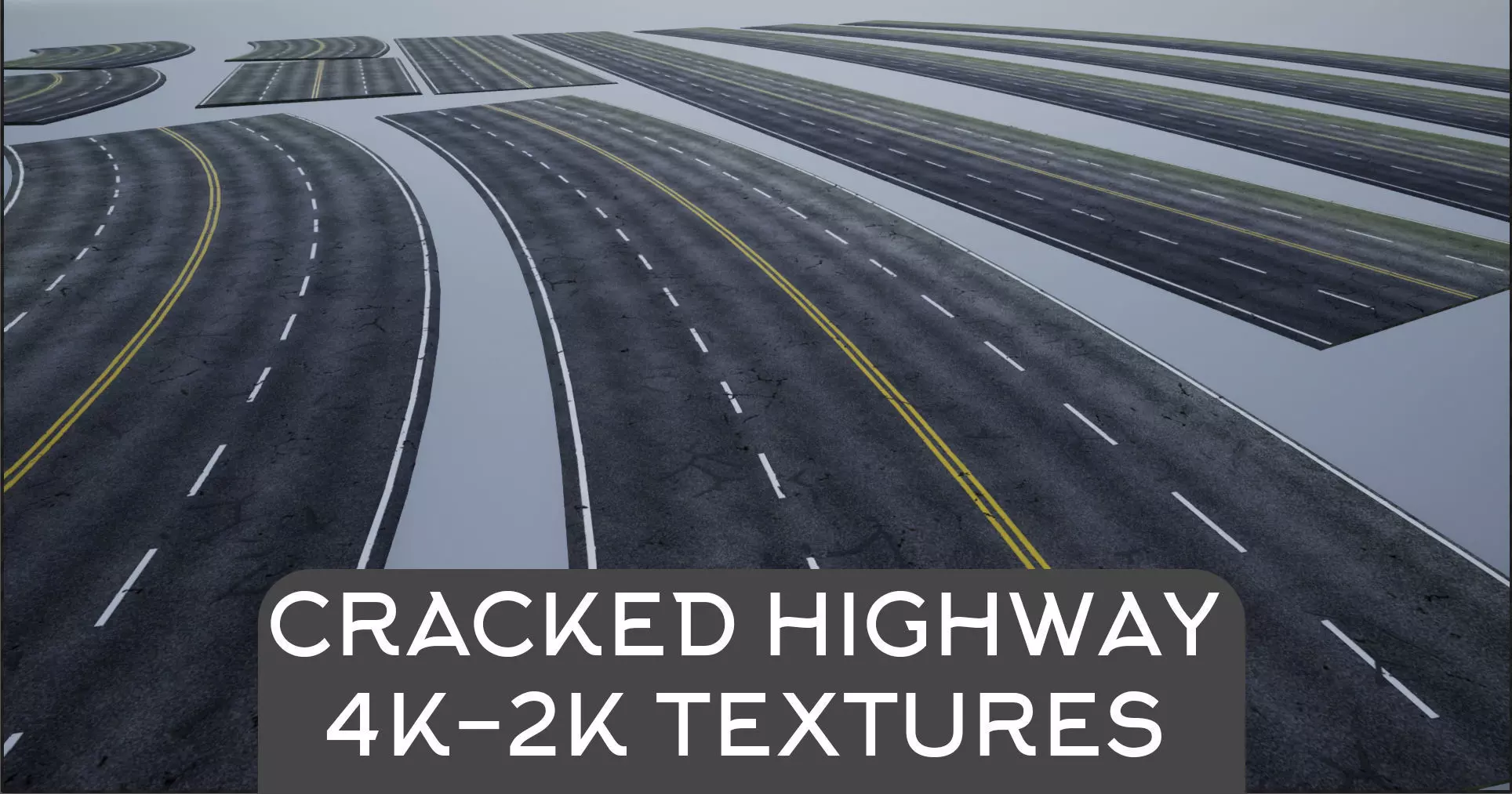 Modular Cracked 4-Lane Highway Roads 4K-2K Low-poly 3D model_0