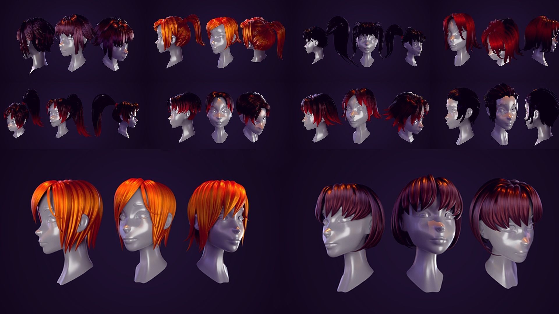 Hair Pack 10 Models Low-poly 3D model_2
