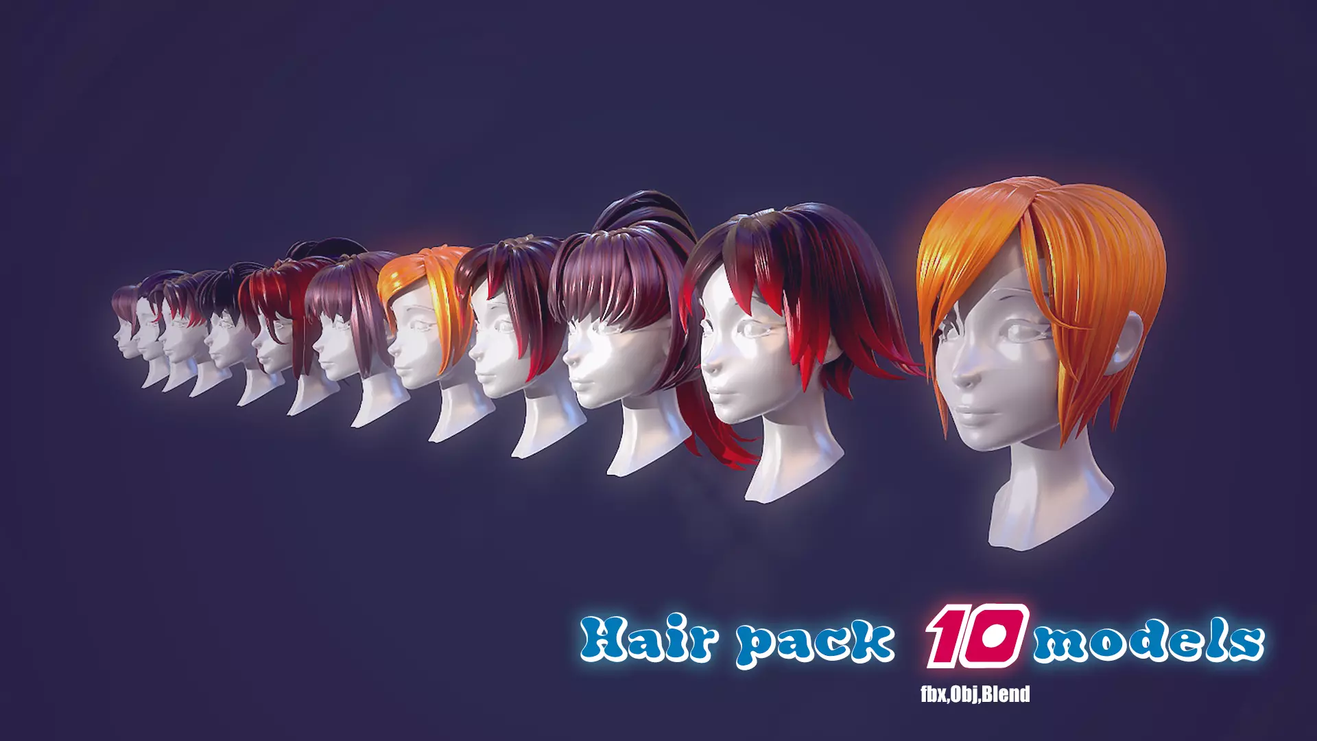 Hair Pack 10 Models Low-poly 3D model_0