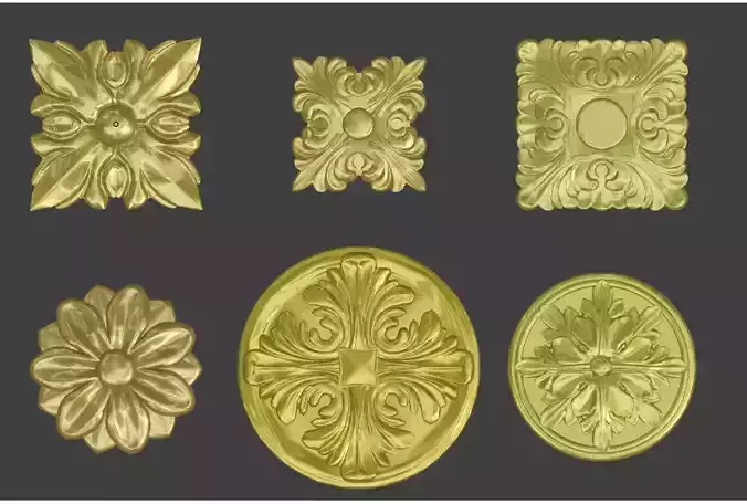 Rosettes set gold plated brass ornate medallions