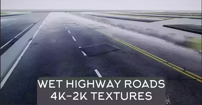 Modular Wet 4-Lane Highway Roads 4K-2K Low-poly 3D model