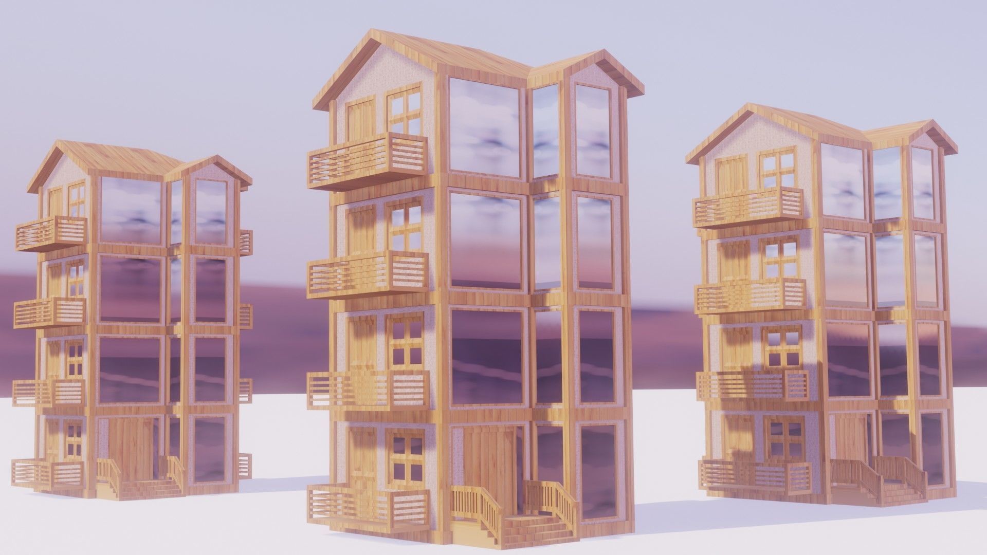BUILDINGS three in row Low-poly 3D model_2