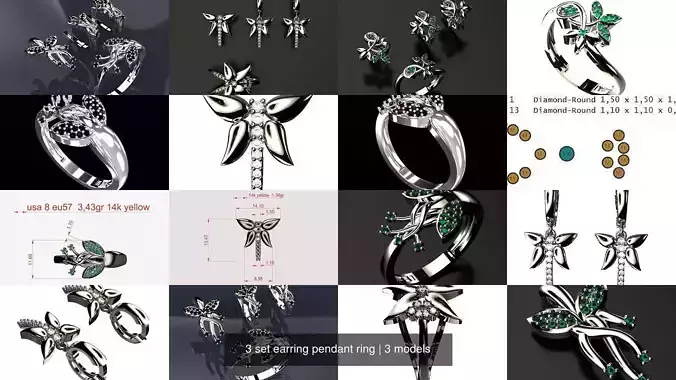 3 set earring pendant ring