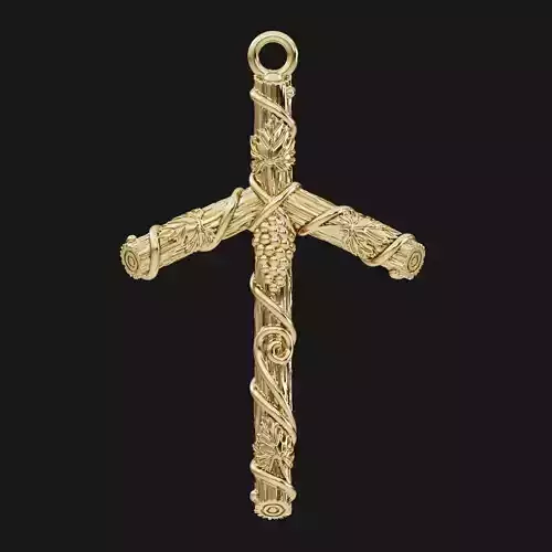 Wood stylized cross pendant with grape leaves