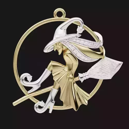 Witch with broom pendant with diamonds