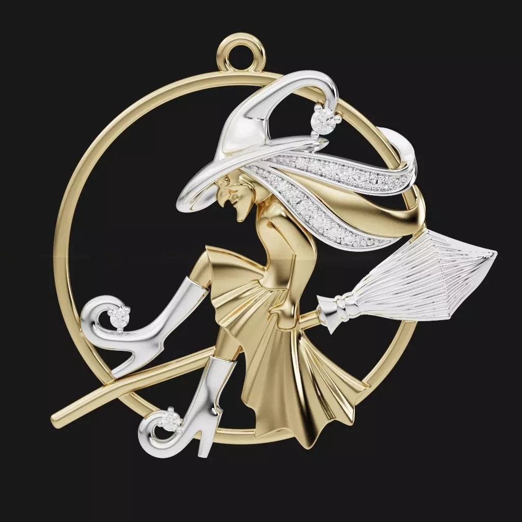Witch with broom pendant with diamonds 3D print model