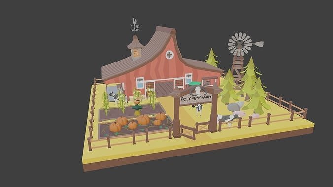 Low Poly Farm with windmill and barn Low-poly 3D model