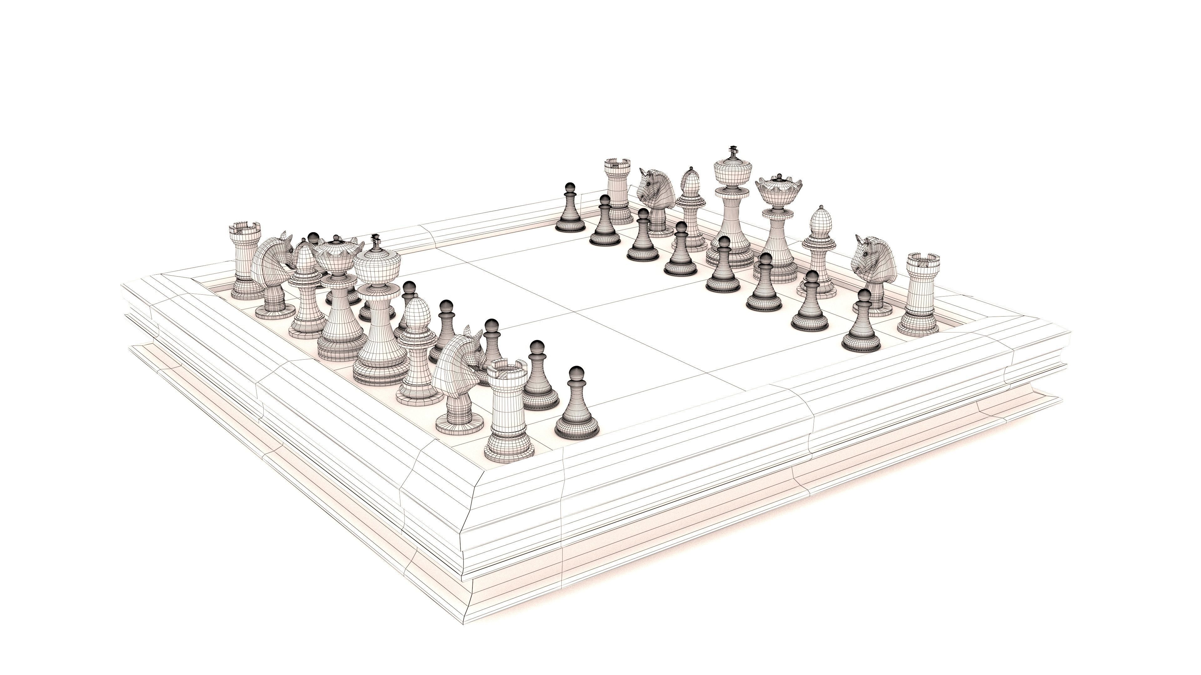 Chess game with old board and all pieces with textures  3D model_1