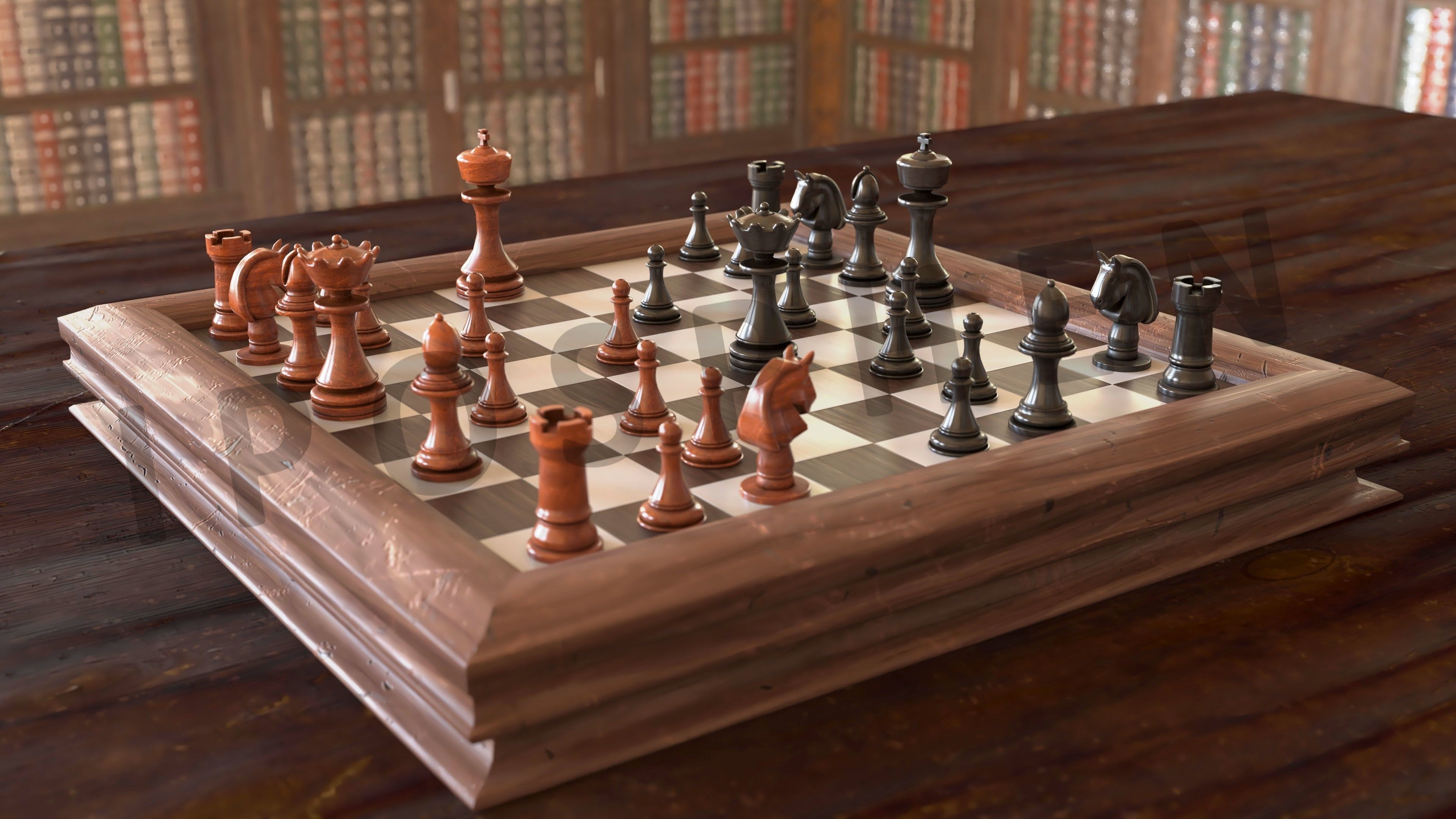 Chess game with old board and all pieces with textures  3D model_3