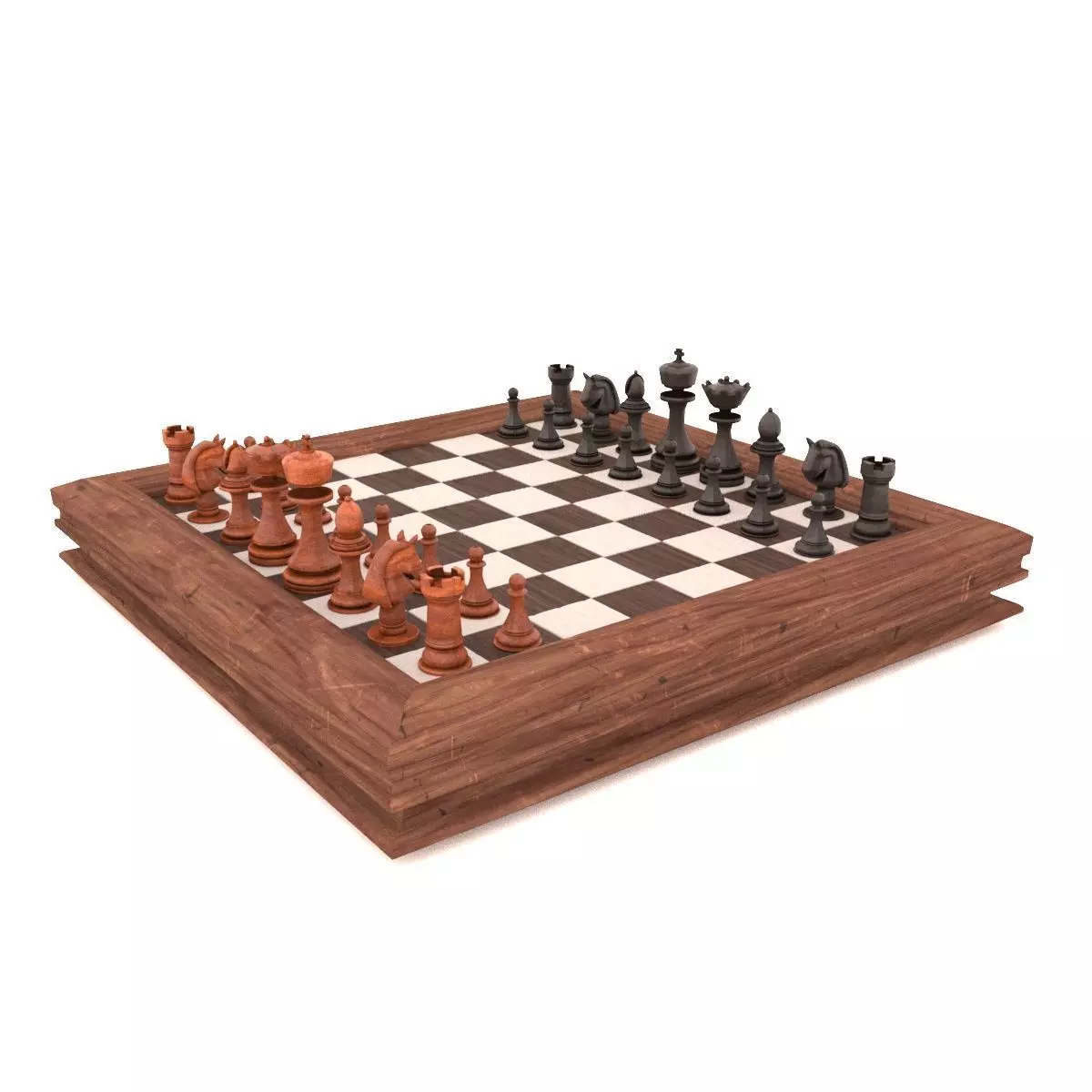 Chess game with old board and all pieces with textures  3D model_0