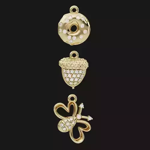 Funny pendants of acorn and donut and bee with diamonds