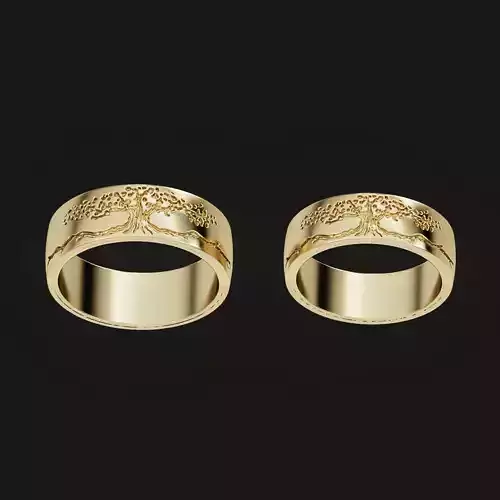 Set of men and women wedding bands with a tree of life