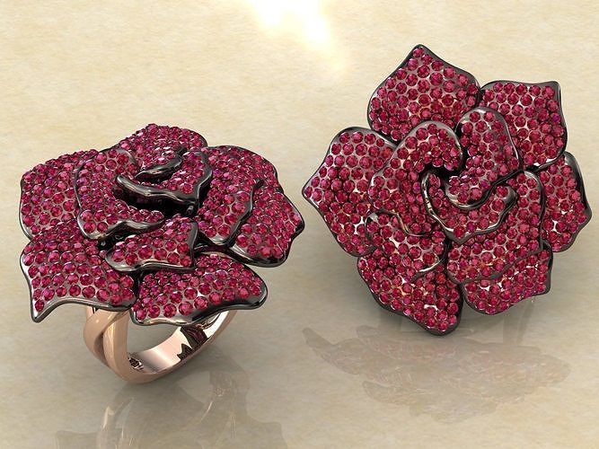 Big Rose Full Pave Flower Ring 3D print model