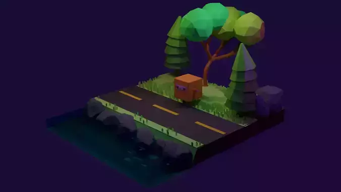 Low poly and isometric Road with trees and river