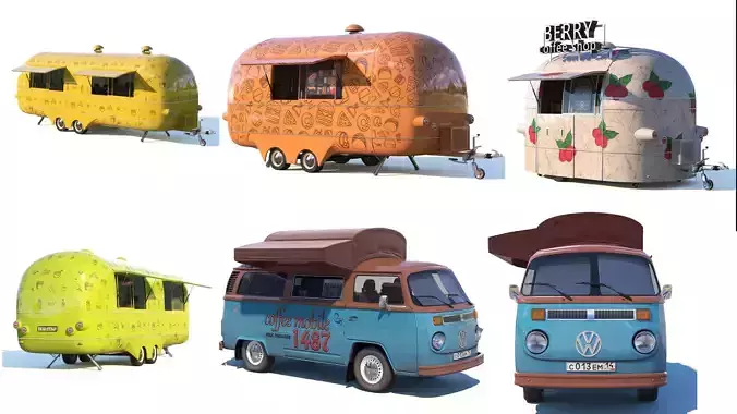  Street food and coffee  trucks 3D Model Collection