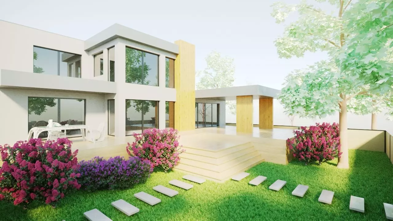 House modern with grass and flowers 3D model_0