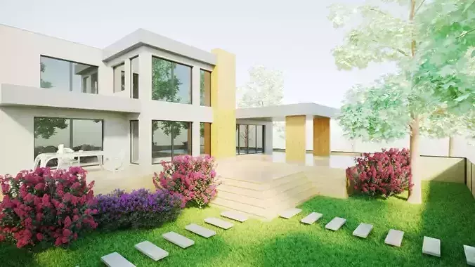 House modern with grass and flowers