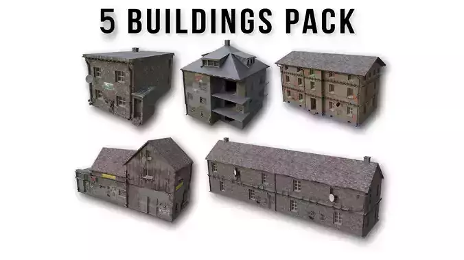 5 Buildings Pack Low-poly 3D model