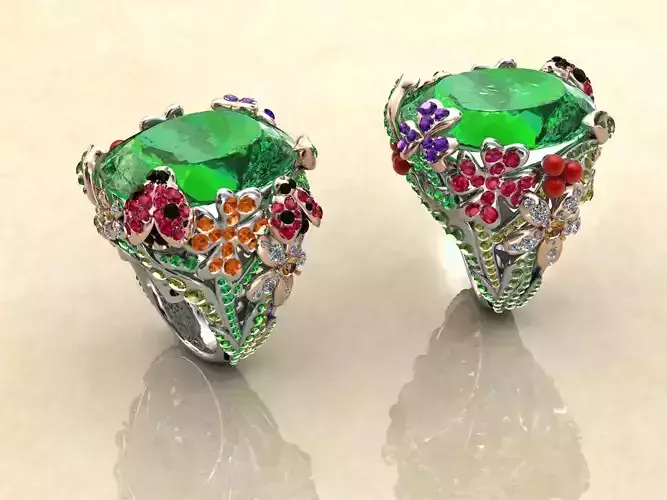 Cocktail Ring Flowers LadyBugs Spring Oval Topaz 