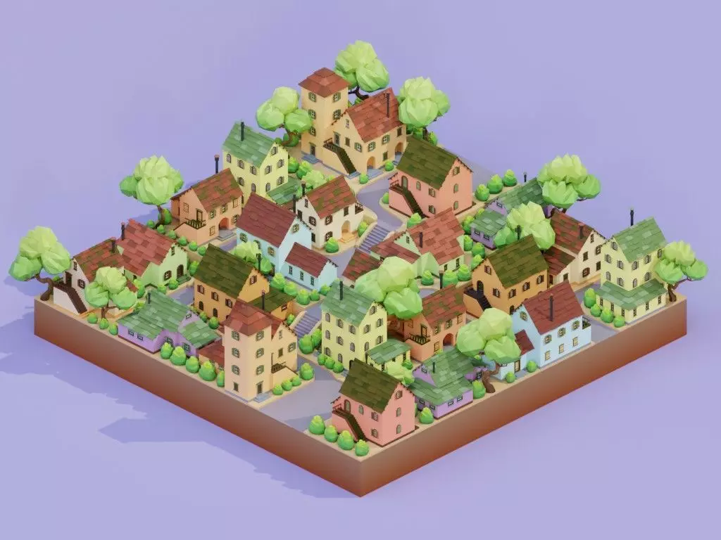 Low poly set of ancient houses Low-poly 3D model_0