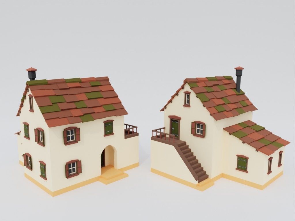 Low poly set of ancient houses Low-poly 3D model_6
