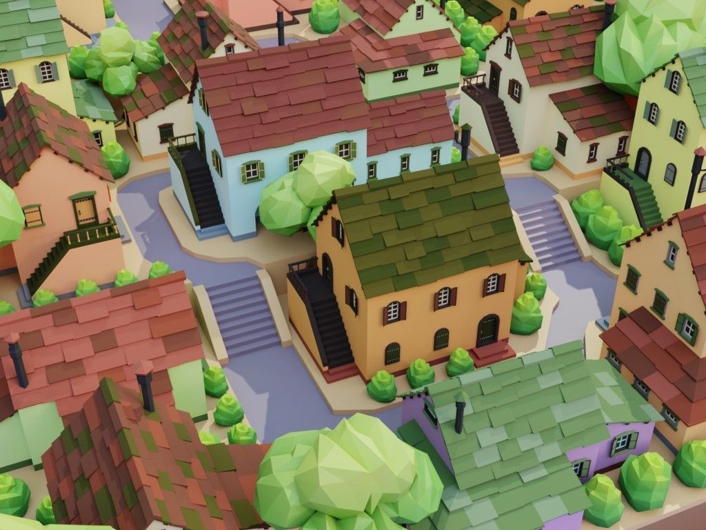 Low poly set of ancient houses Low-poly 3D model_4