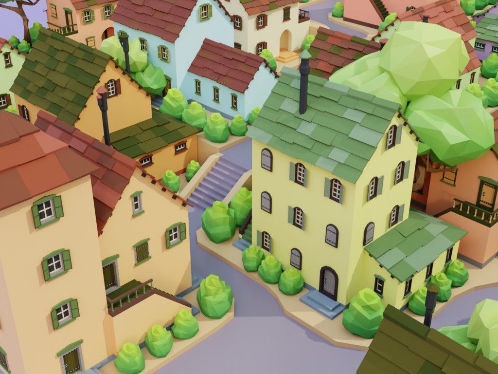 Low poly set of ancient houses Low-poly 3D model_2