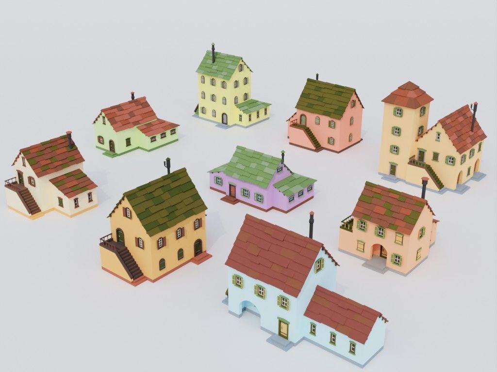 Low poly set of ancient houses Low-poly 3D model_1