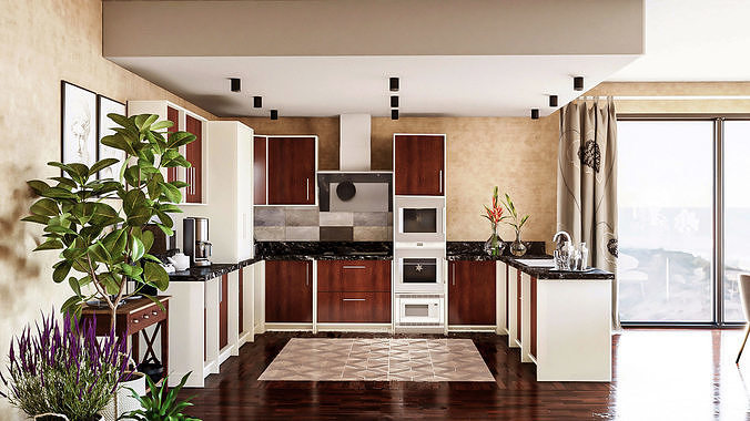 Modern living room and kitchen 3D model