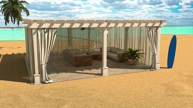 Cabana beach gazebo with curtains and surfboard 3D model