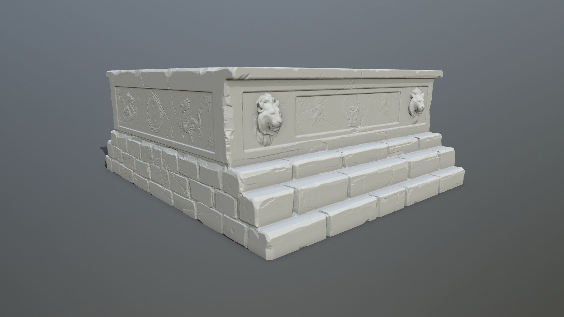 base 3 stone bench with two lions 3D print model_4