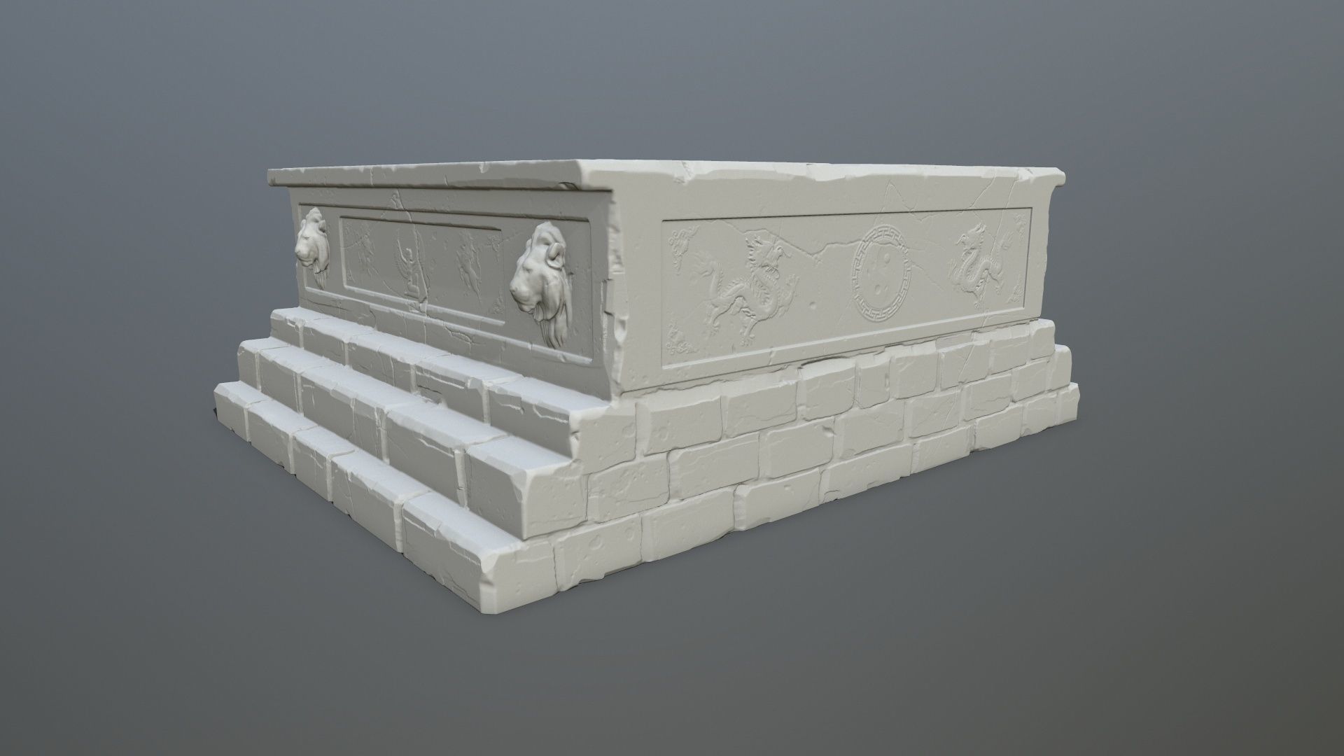 base 3 stone bench with two lions 3D print model_2