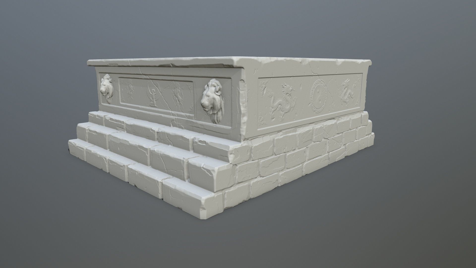 base 3 stone bench with two lions 3D print model_6