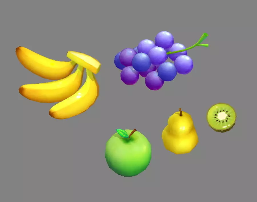 Cartoon fruit - banana grape apple pear kiwi Low-poly 3D model_0