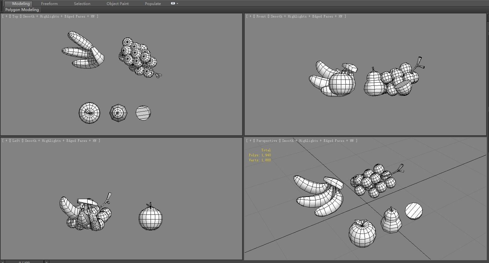 Cartoon fruit - banana grape apple pear kiwi Low-poly 3D model_6