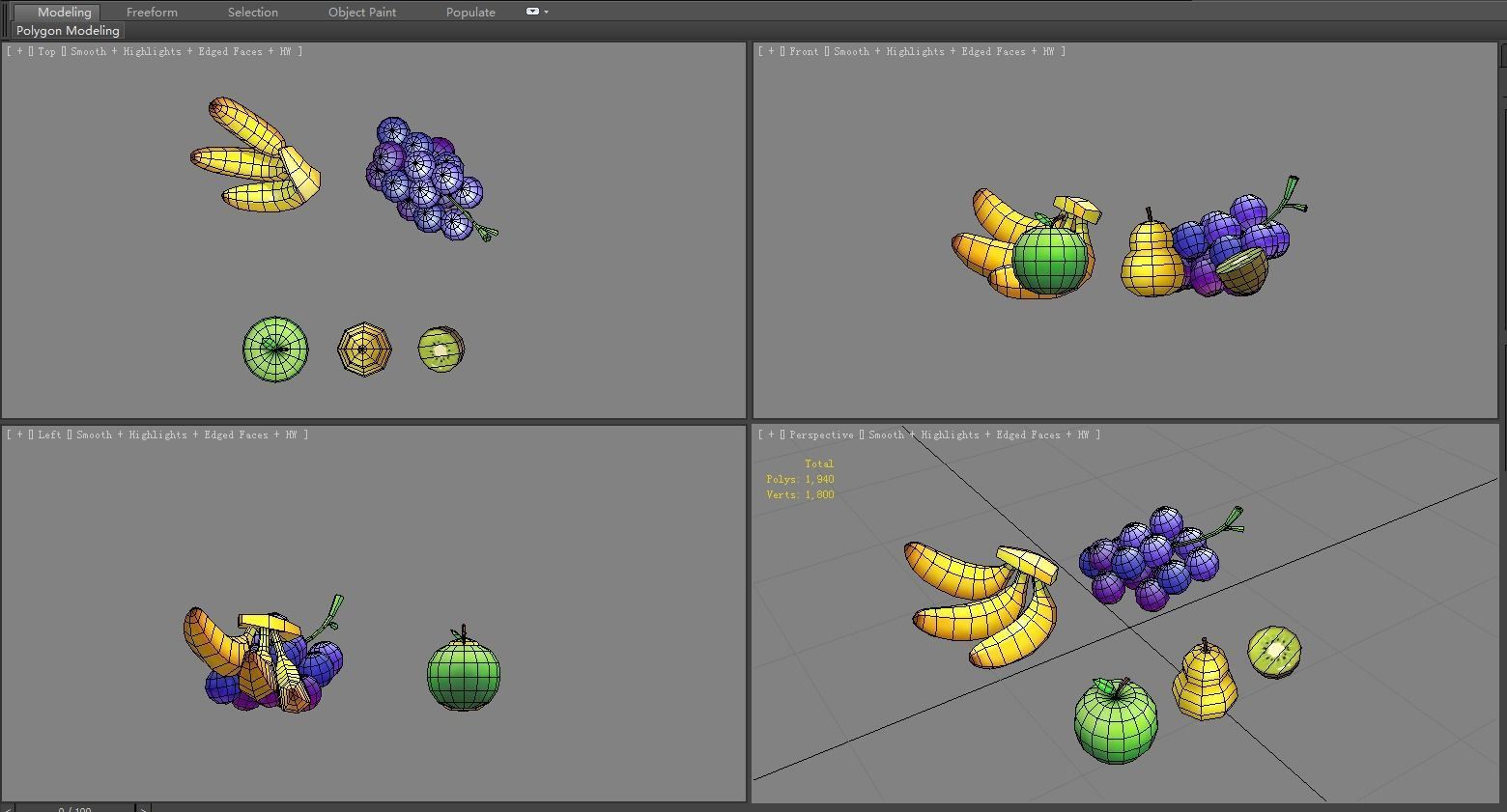 Cartoon fruit - banana grape apple pear kiwi Low-poly 3D model_5