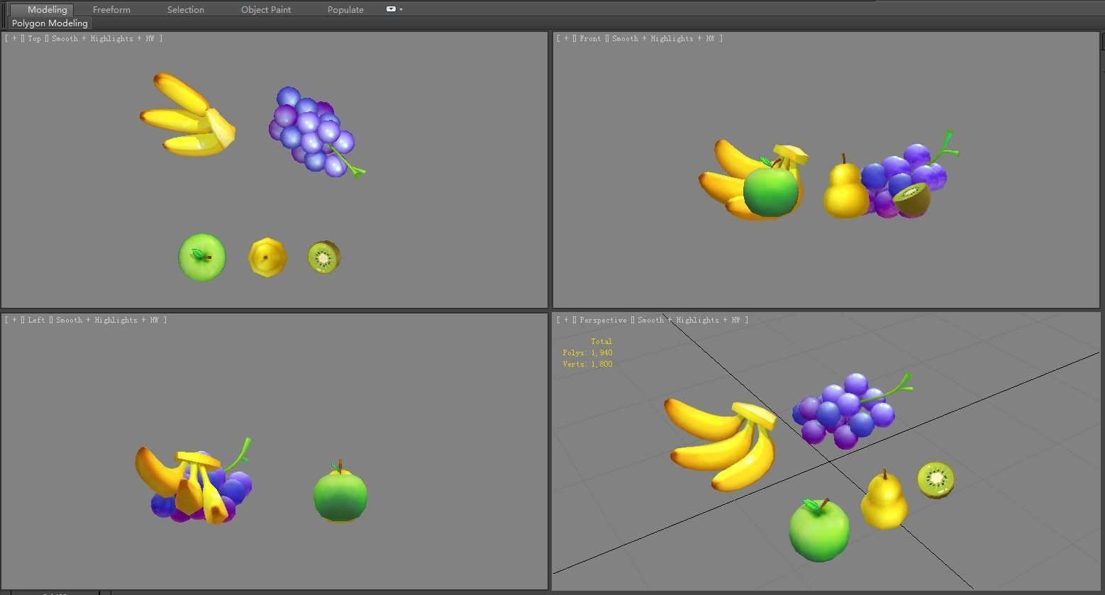 Cartoon fruit - banana grape apple pear kiwi Low-poly 3D model_4