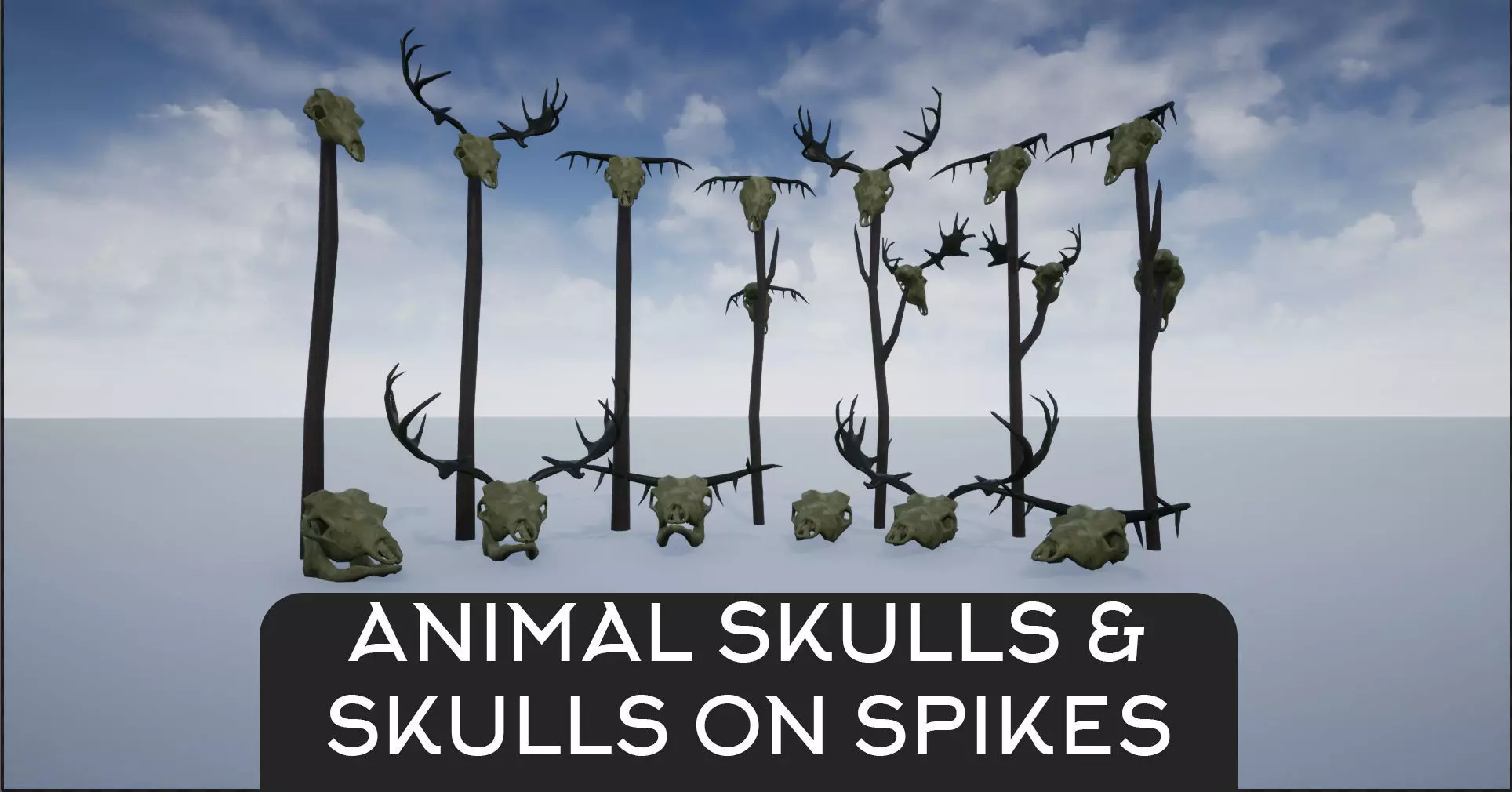 Animal Skulls and Antlers on Spikes 3D Model Collection_0