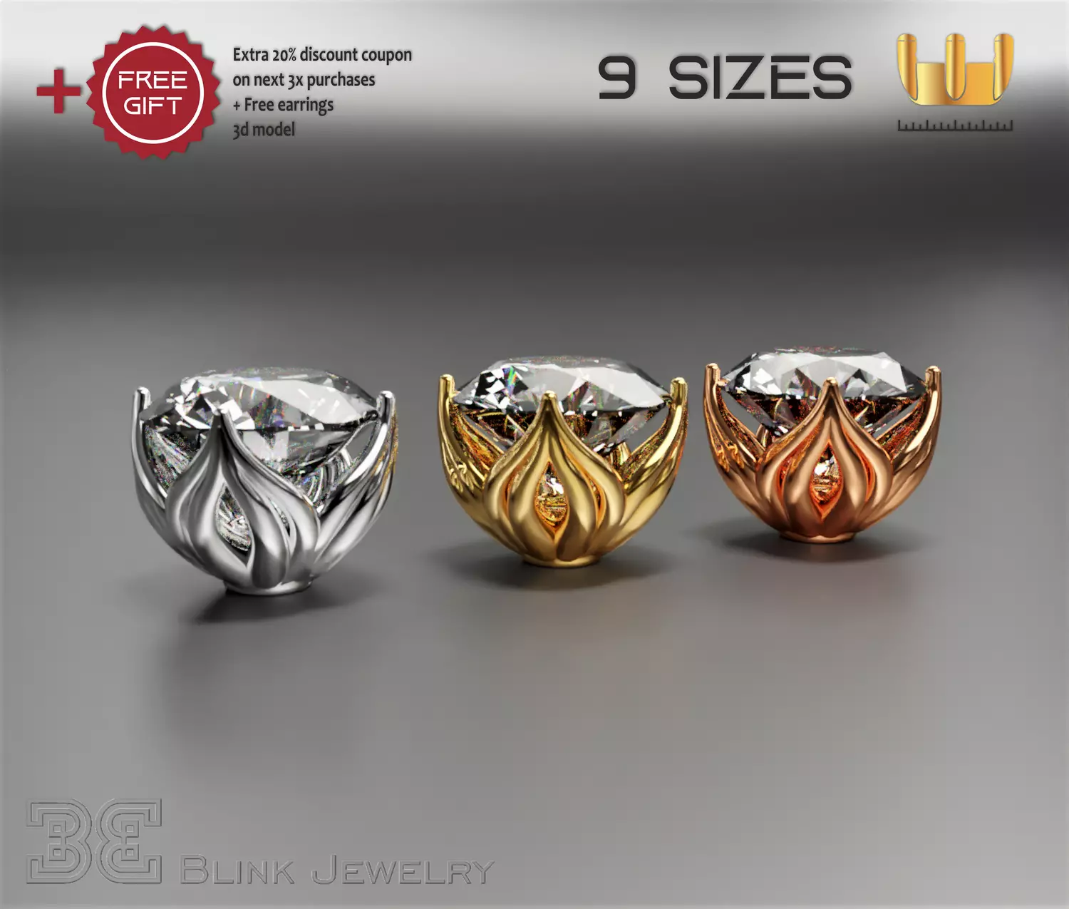 earring head lotus flower shape engagement stud ear ring package 3D print model_0