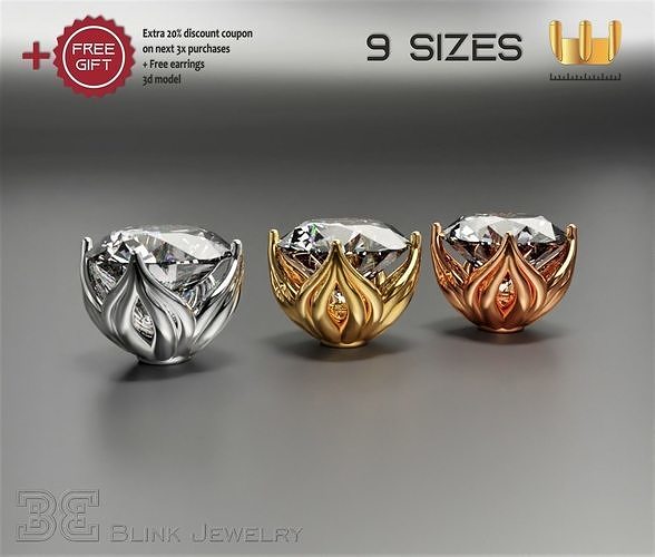 earring head lotus flower shape engagement stud ear ring package 3D print model