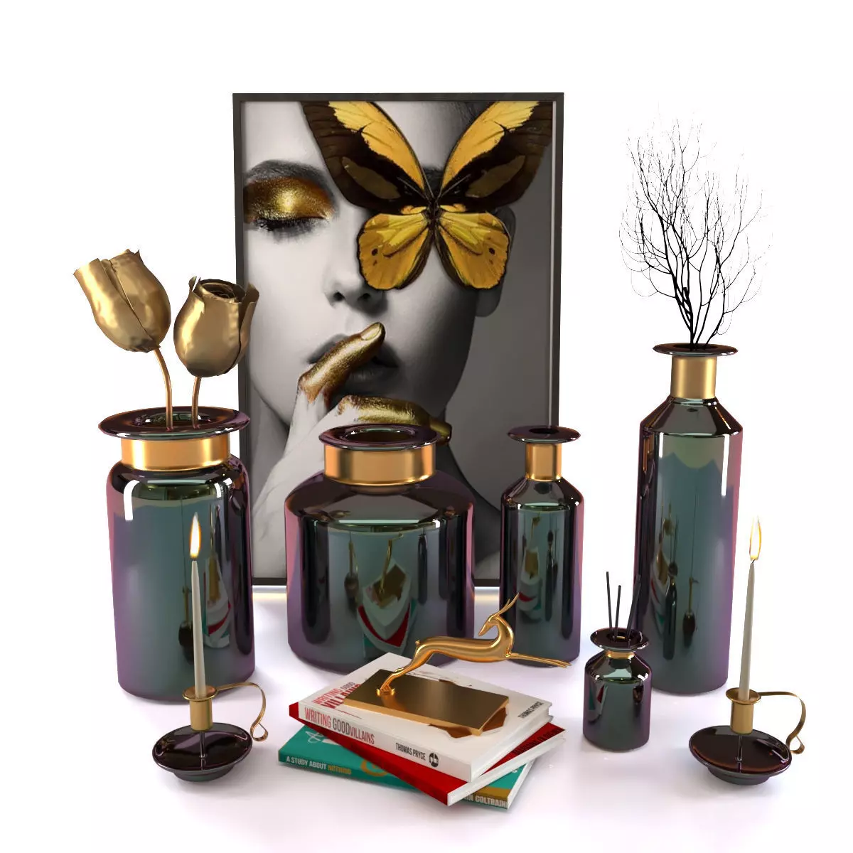 decorative set 5 gold and vases with butterflies 3D model