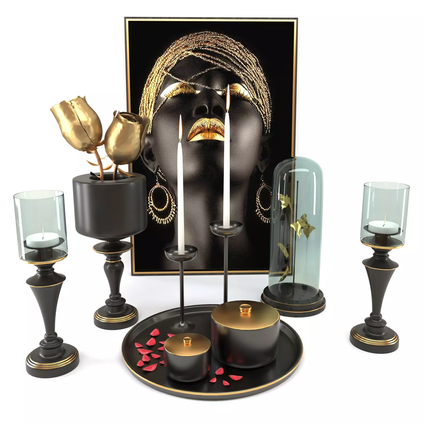 decorative set 6 gold candle holders with portrait of woman 3D model