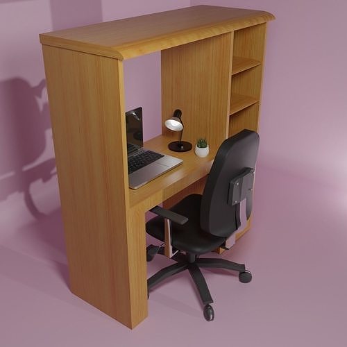 Light wood desk with black chair 