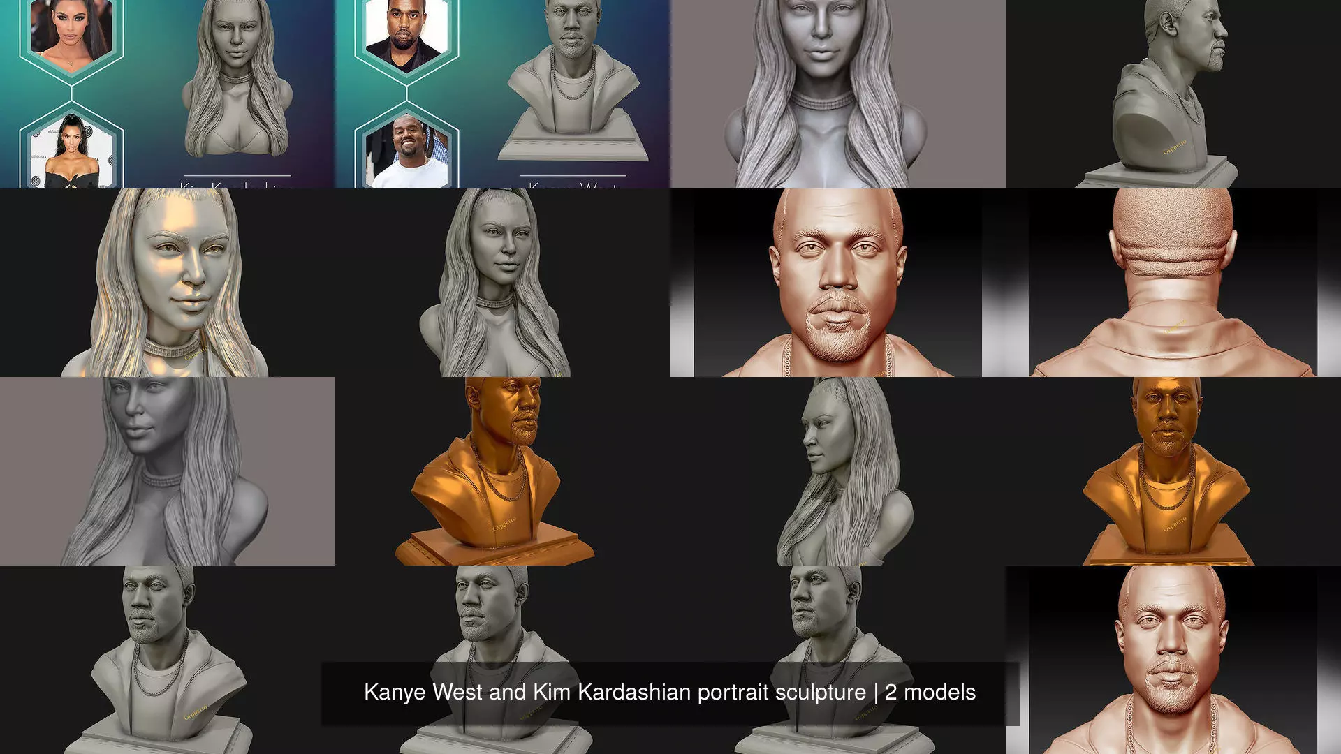 Kanye West and Kim Kardashian portrait sculpture 3D Model Collection_1
