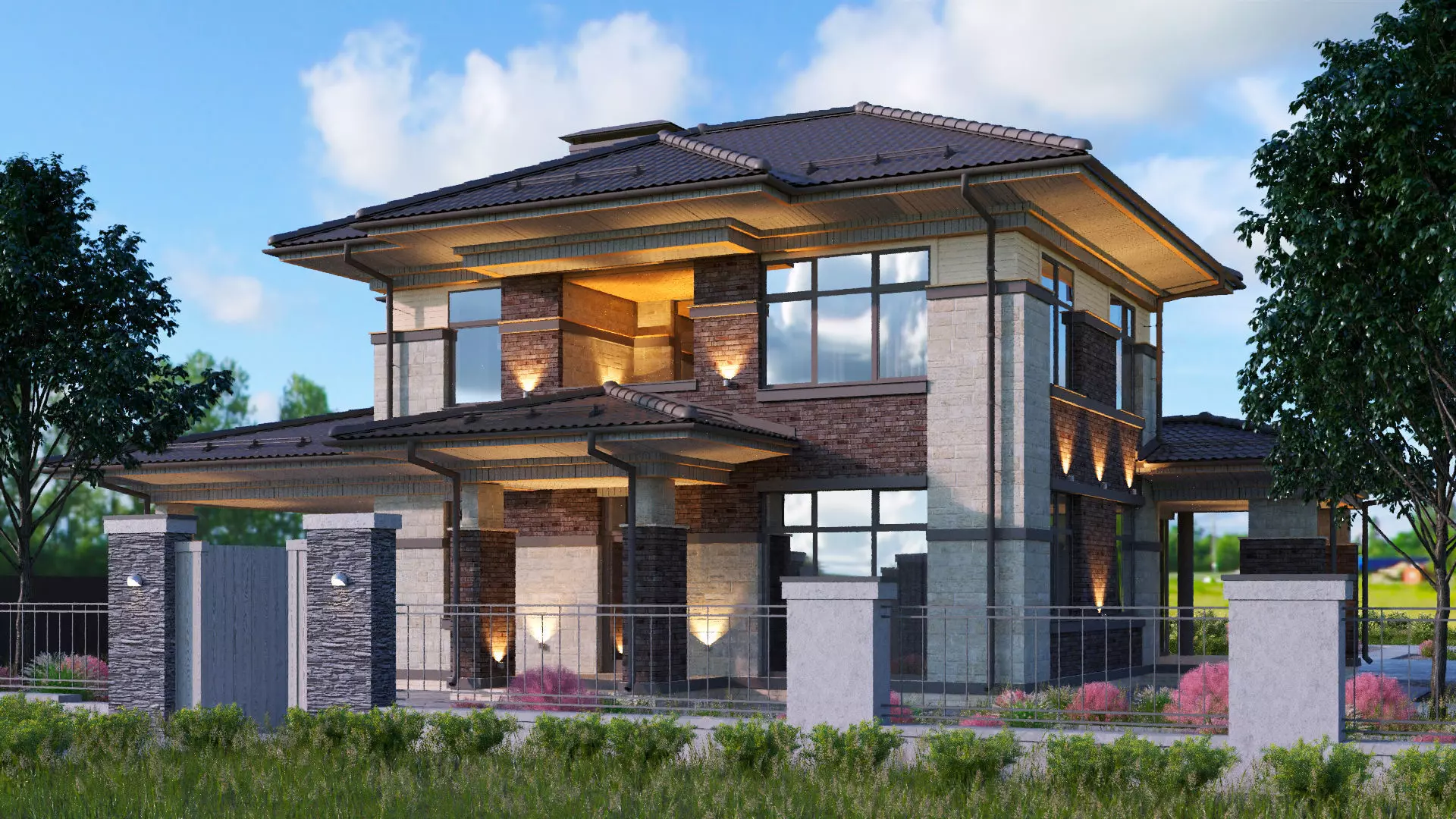 Model of a two-story Wright-style house with a carport 3D model_0