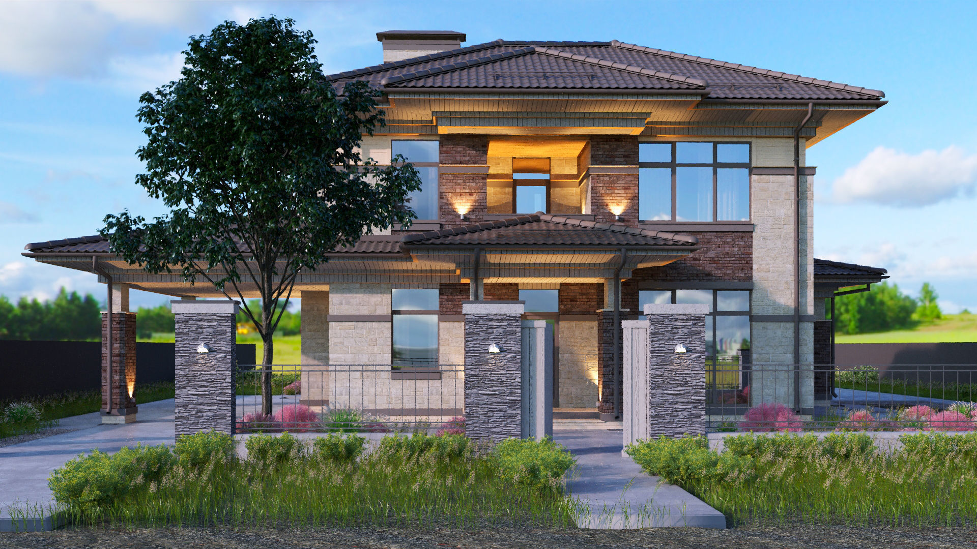 Model of a two-story Wright-style house with a carport 3D model_3