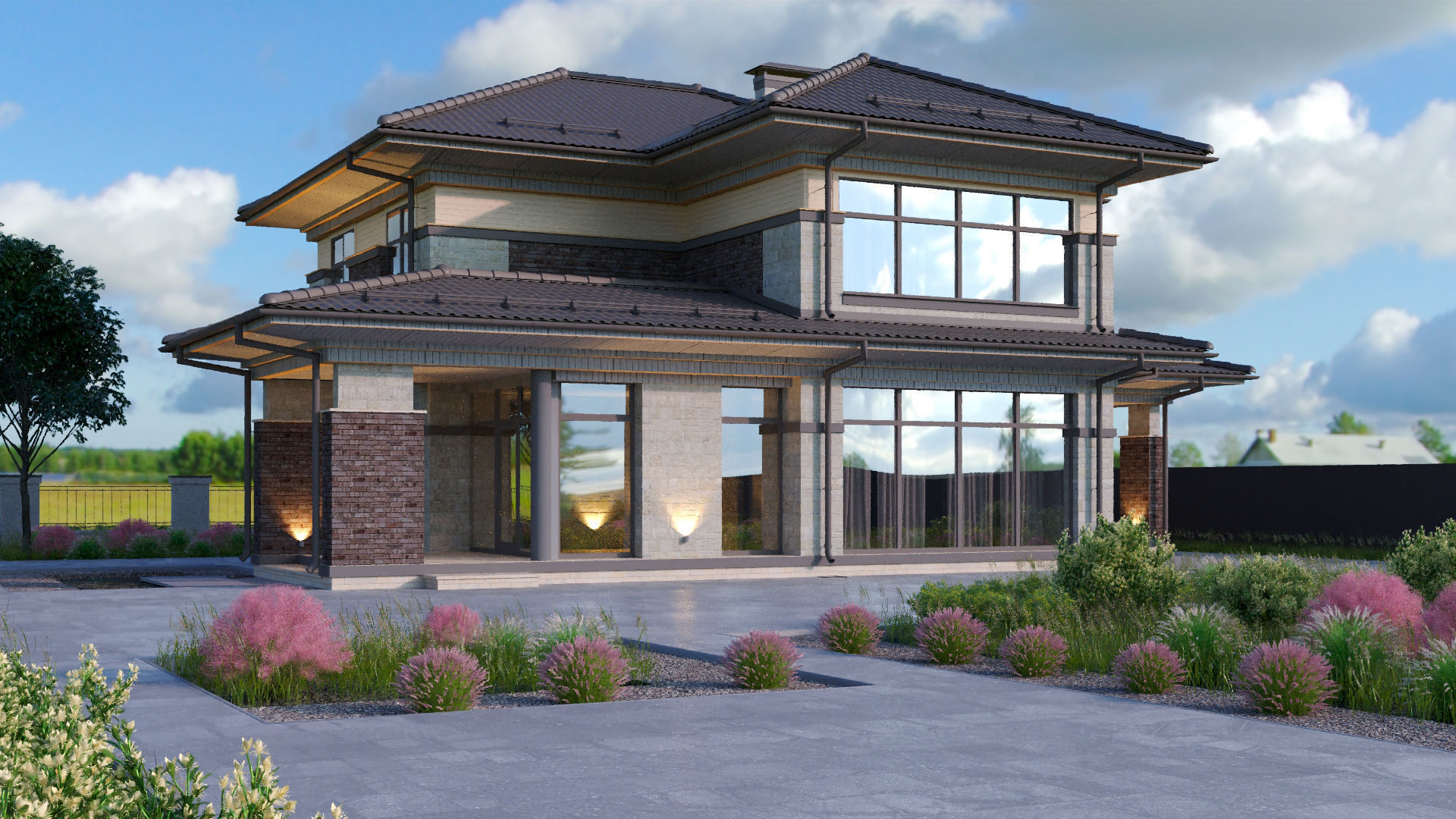 Model of a two-story Wright-style house with a carport 3D model_5