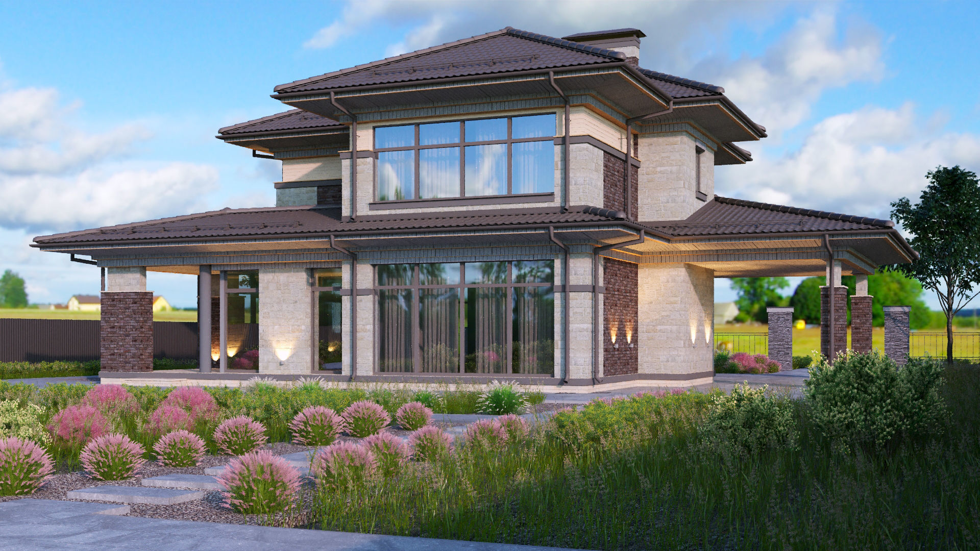 Model of a two-story Wright-style house with a carport 3D model_6