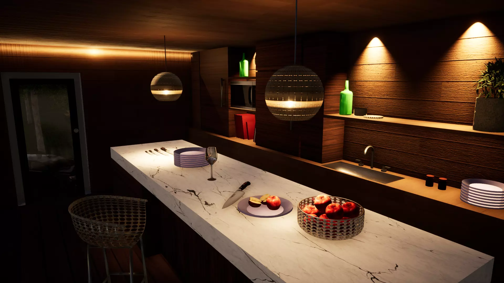 kitchen with wooden cabinets and lighting Free low-poly 3D model